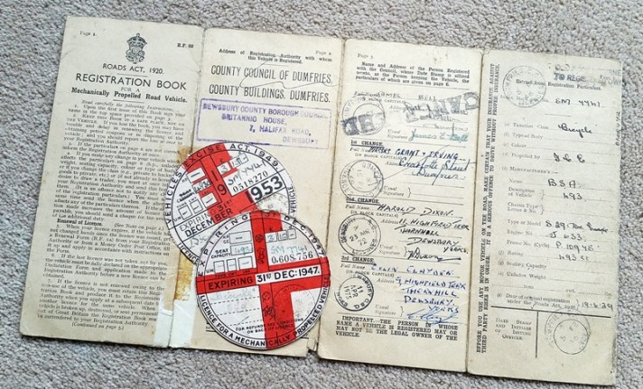 1929 BSA Sloper motorcycle log book and tax discs