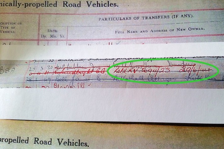Requisitioned BSA Sloper Motorcycle, Local Authority register